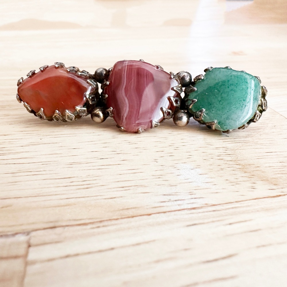 Vintage‎ Sandor Brooch Multi Stone Green Red Pink Agate Silver Tone 2 3/8"